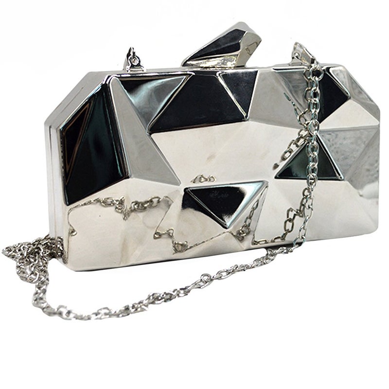 Reberomantic Women Lattice Pattern Metal Handbag Chain Geometric Evening Clutch Purse, Silver - Image 1